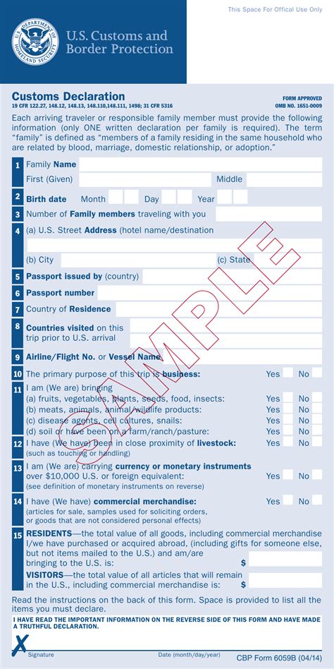 Customs form in English